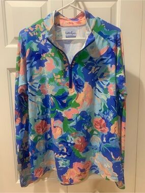 Walter Hagen P11 UV Protection Quarter Zip Blue Gouache Floral XXL NWOT